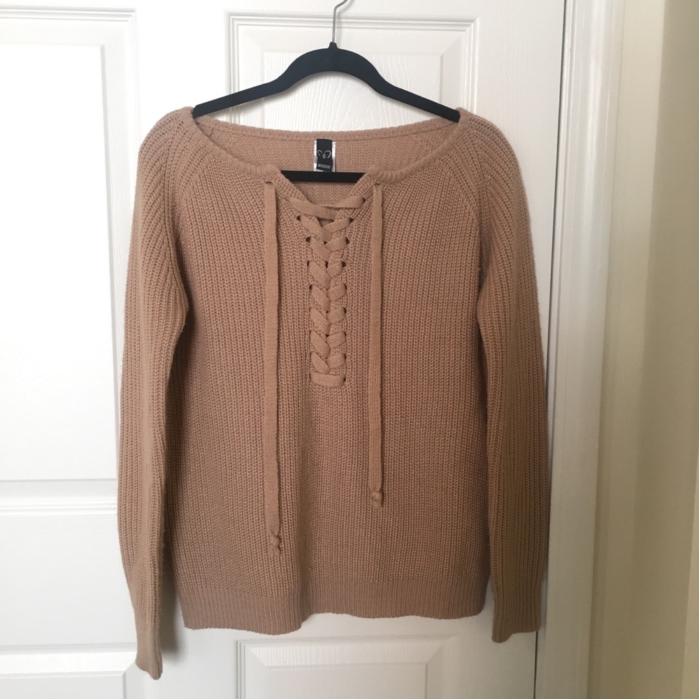 Lace Up Tan/Cream Sweater